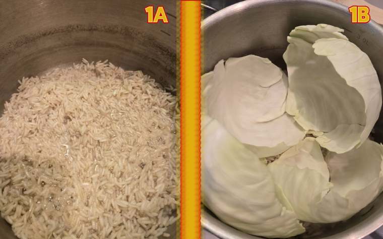 wfpb Simpe Cabbage Rolls - Cook rice and blanch cabbage.