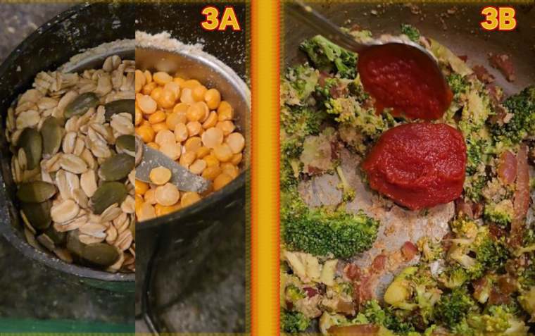Whole Food Plant-based Broccoli Cheddar Cheese Soup grind oats and peas and add tomato paste
