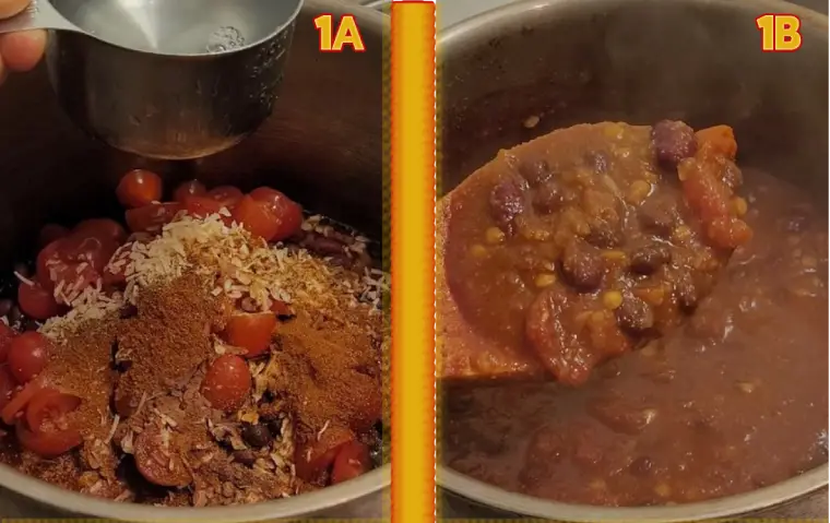 Making Lentil Chili adding ingredients on the left and stirring on the right