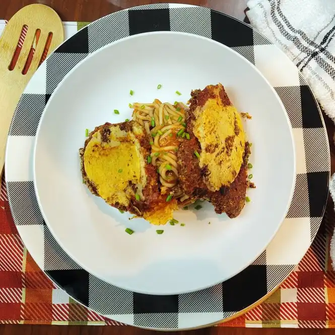 Not-Chicken Parmesan whole food plant-based vegan dinner
