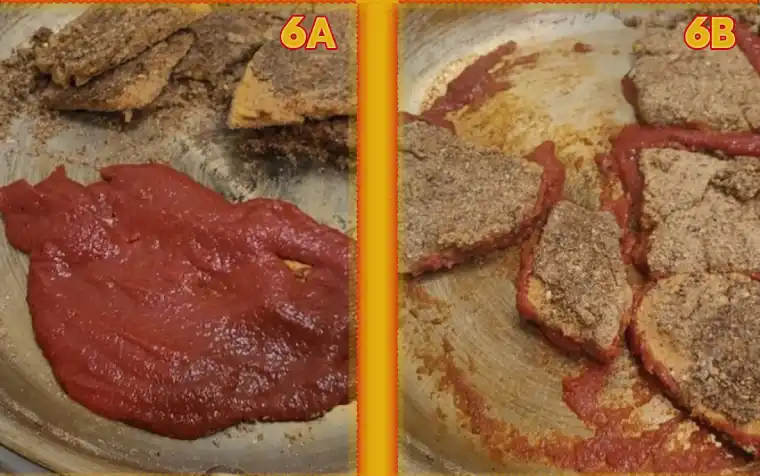 Not-Chicken Parmesan adding the marinara sauce