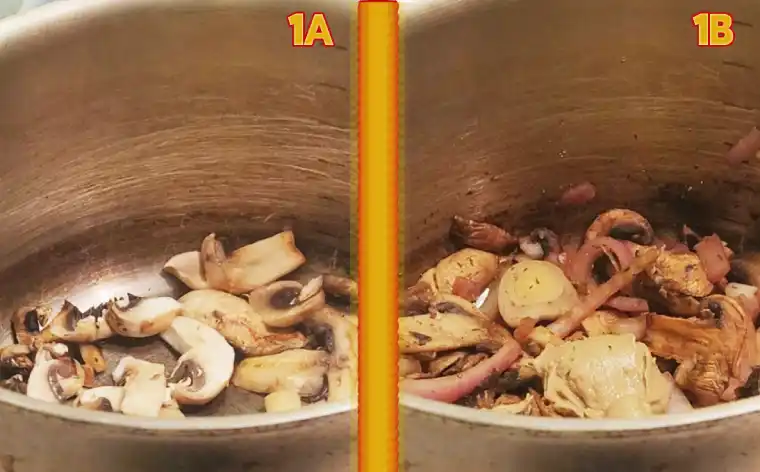 Boil & Blend Creamy Mushroom Soup dry sauteeing mushrooms and onions