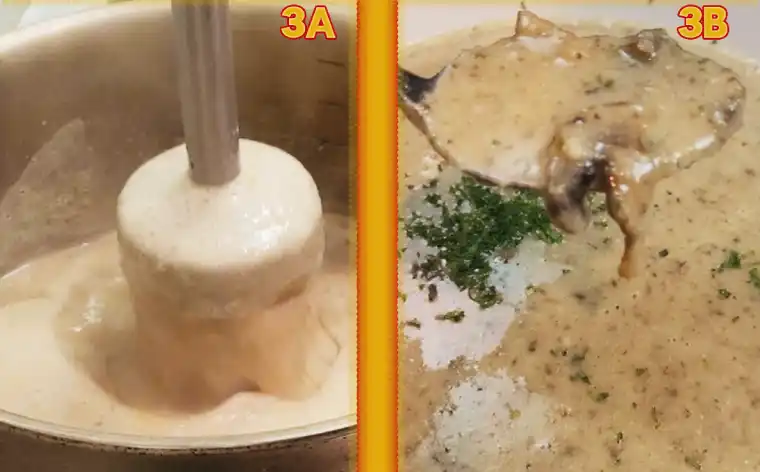 Boil & Blend Creamy Mushroom Soup blending soup and serving