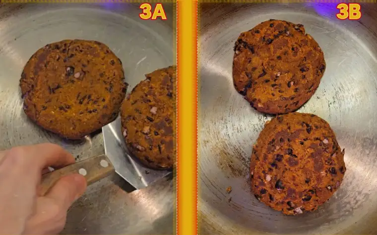 Whole Food Vegan SOS-Free Black Bean Burger with Homemade Dill Pickles flipping the burger patties