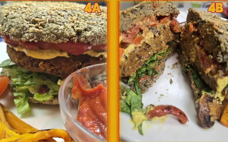 Whole Food Vegan SOS-Free Black Bean Burger with Homemade Dill Pickles assembling a full burger with oil-free stovetop yam fries and homemade ketchup