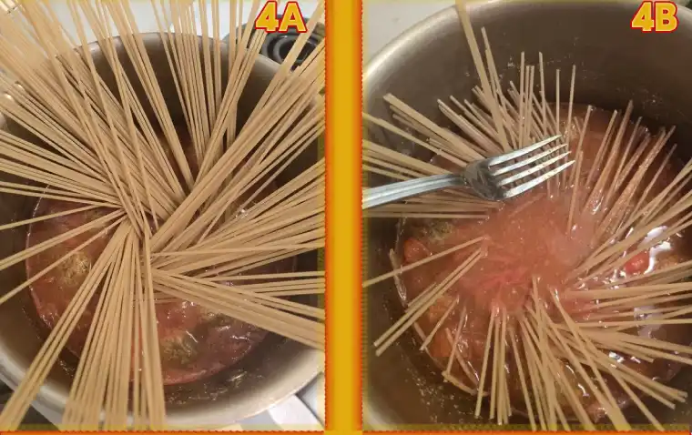 wfpb spaghetti and vegballs (meatballs) vegan sos-free pressing down pasta