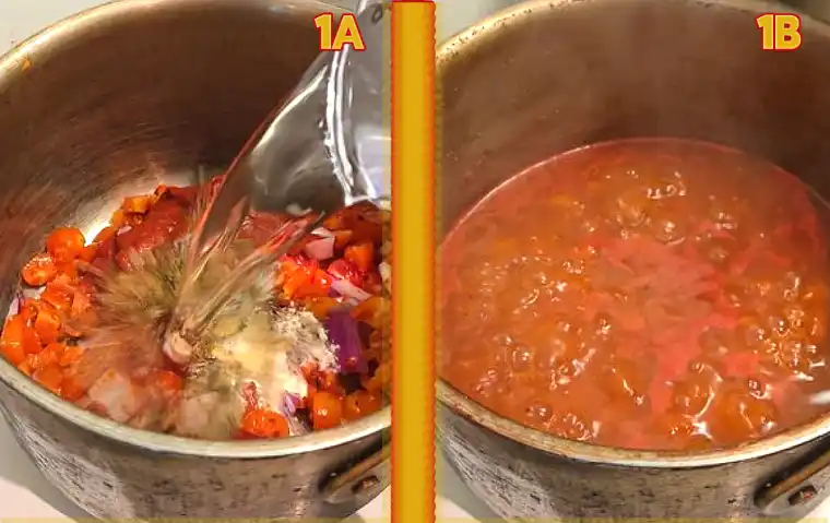 Creamy tomato basil soup boil & blend instructional images of adding everything to a pot and bringing it to a boil