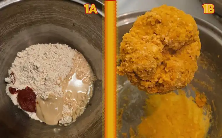 Turning the ched ingredients it's a ball of plant based cheese