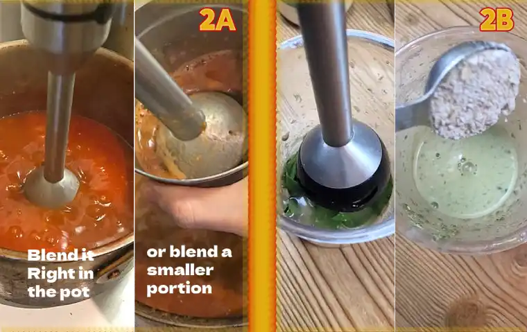 Creamy tomato basil soup boil & blend visual instructions of blending the soup, then the creamy basil sauce.