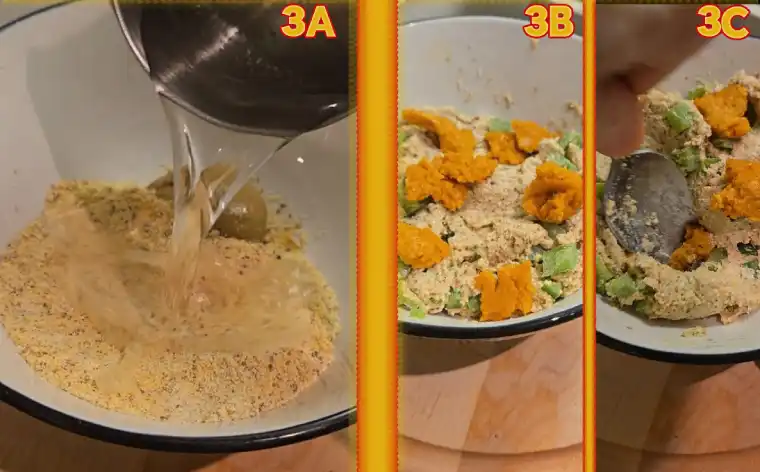 Mixing the batter then using the back of a spoon to sink the ched and jalapeno chunks into the batter.