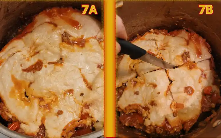 Slicing through the Nozzarella sauce for Unstuffed Peppers stovetop Casserole